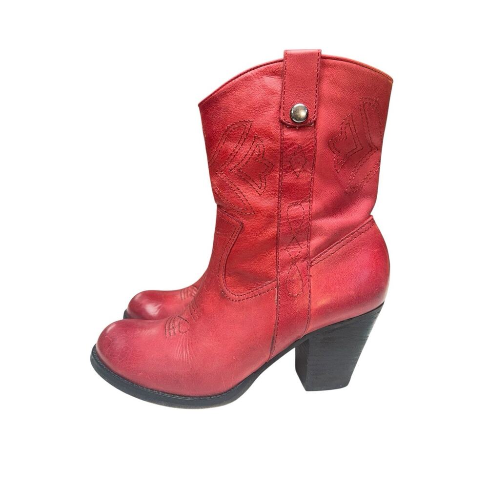 Gianni Bini Red Leather Western Ankle Boots 7.5 Cowboy Chunky Heel